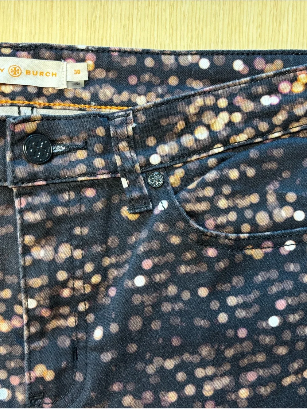 Tory Burch Night City Light Printed Skinny Jeans Black Gold Blurred Bokeh Dot 30